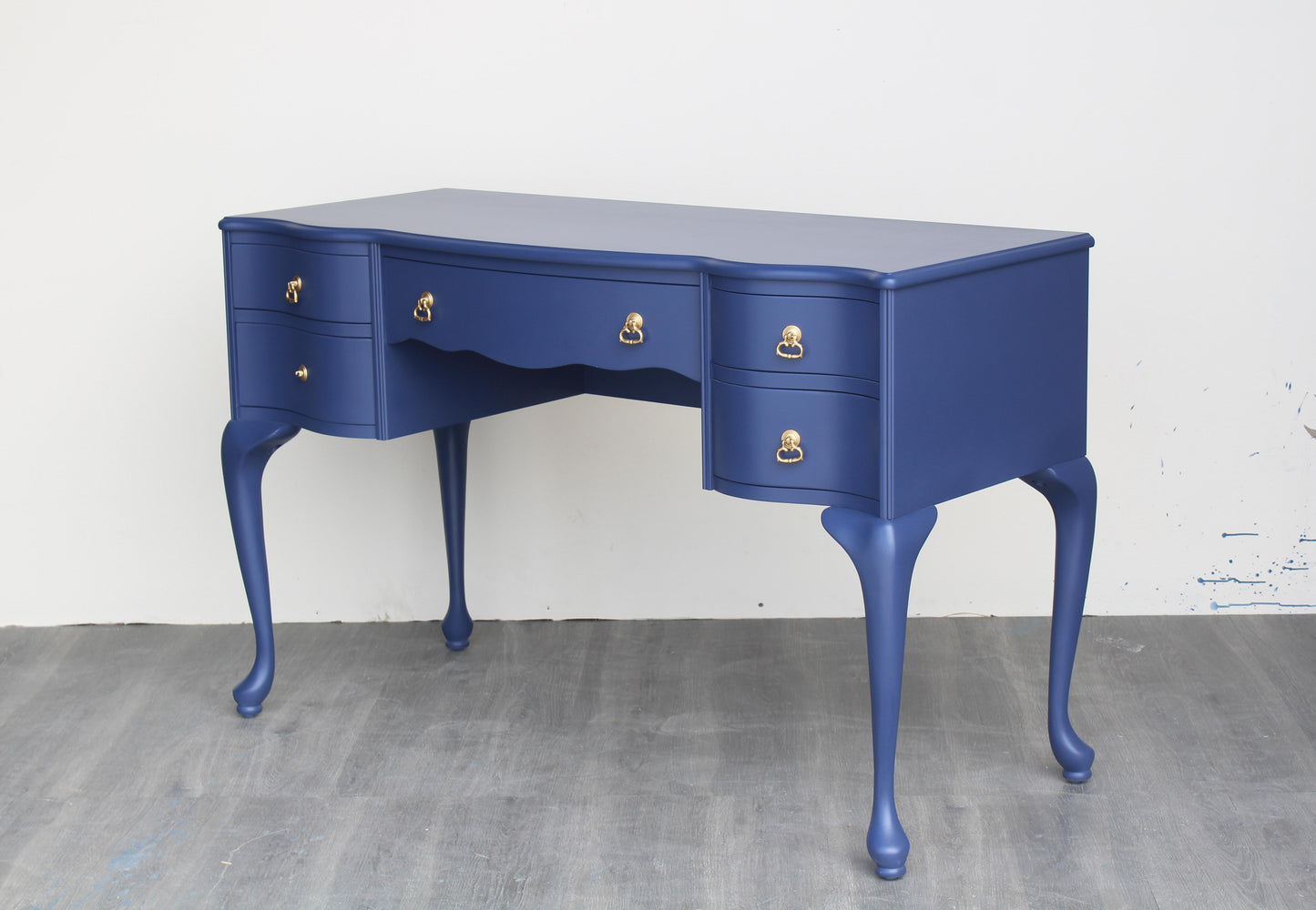 Late 20th Century Vintage Queen Ann Style Blue Desk of Five Drawers