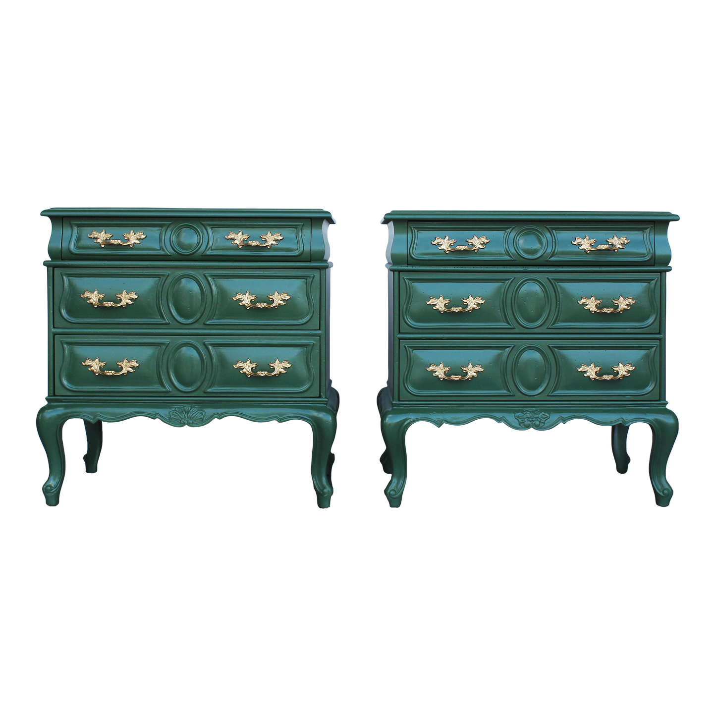 Pair of solid built provincial style nightstands.  The nightstands were professionally painted in green with gloss top coat and gold painted hardware.  Dimensions: 23"Width x 17"Depth x 23.5"Height. 