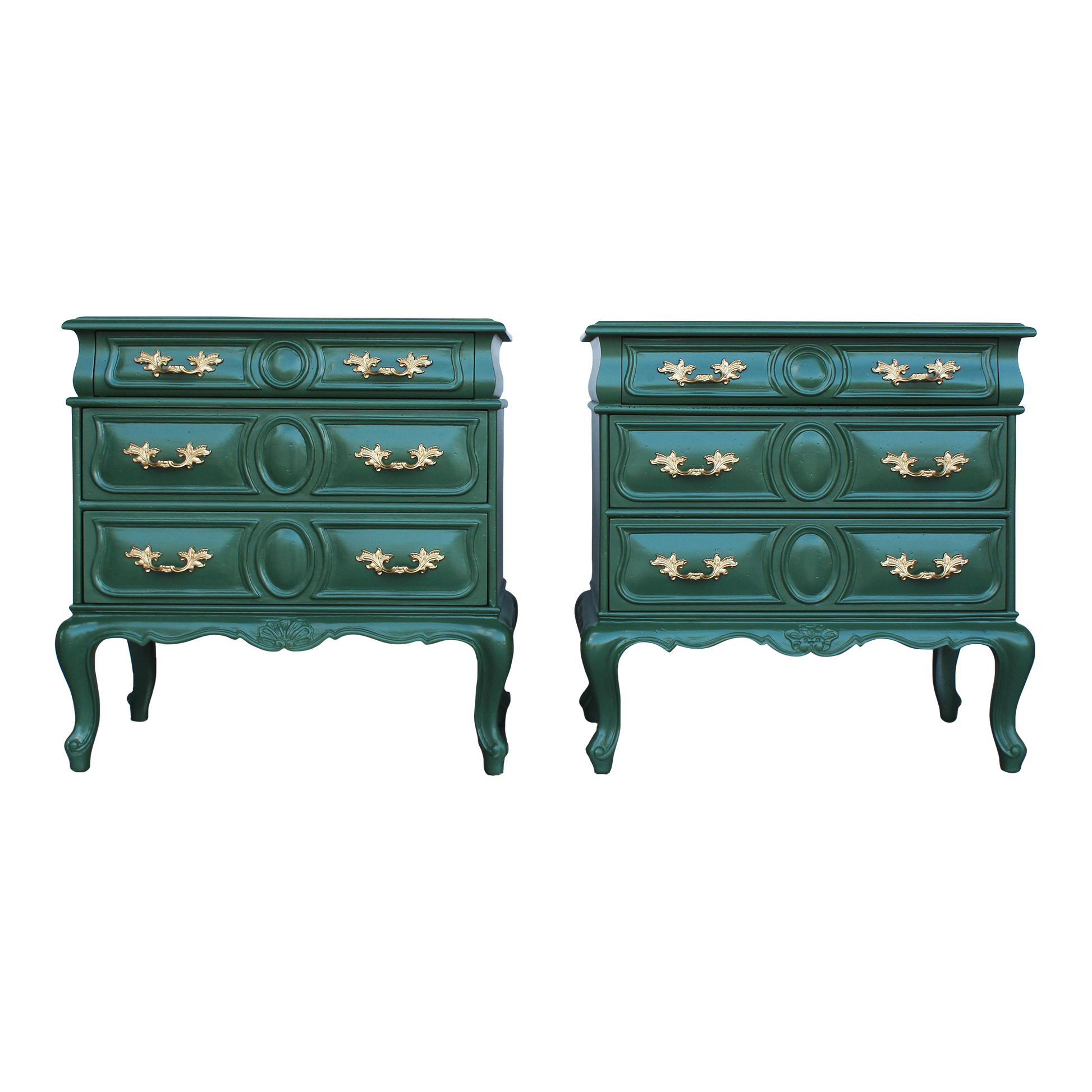 Pair of solid built provincial style nightstands.  The nightstands were professionally painted in green with gloss top coat and gold painted hardware.  Dimensions: 23"Width x 17"Depth x 23.5"Height. 