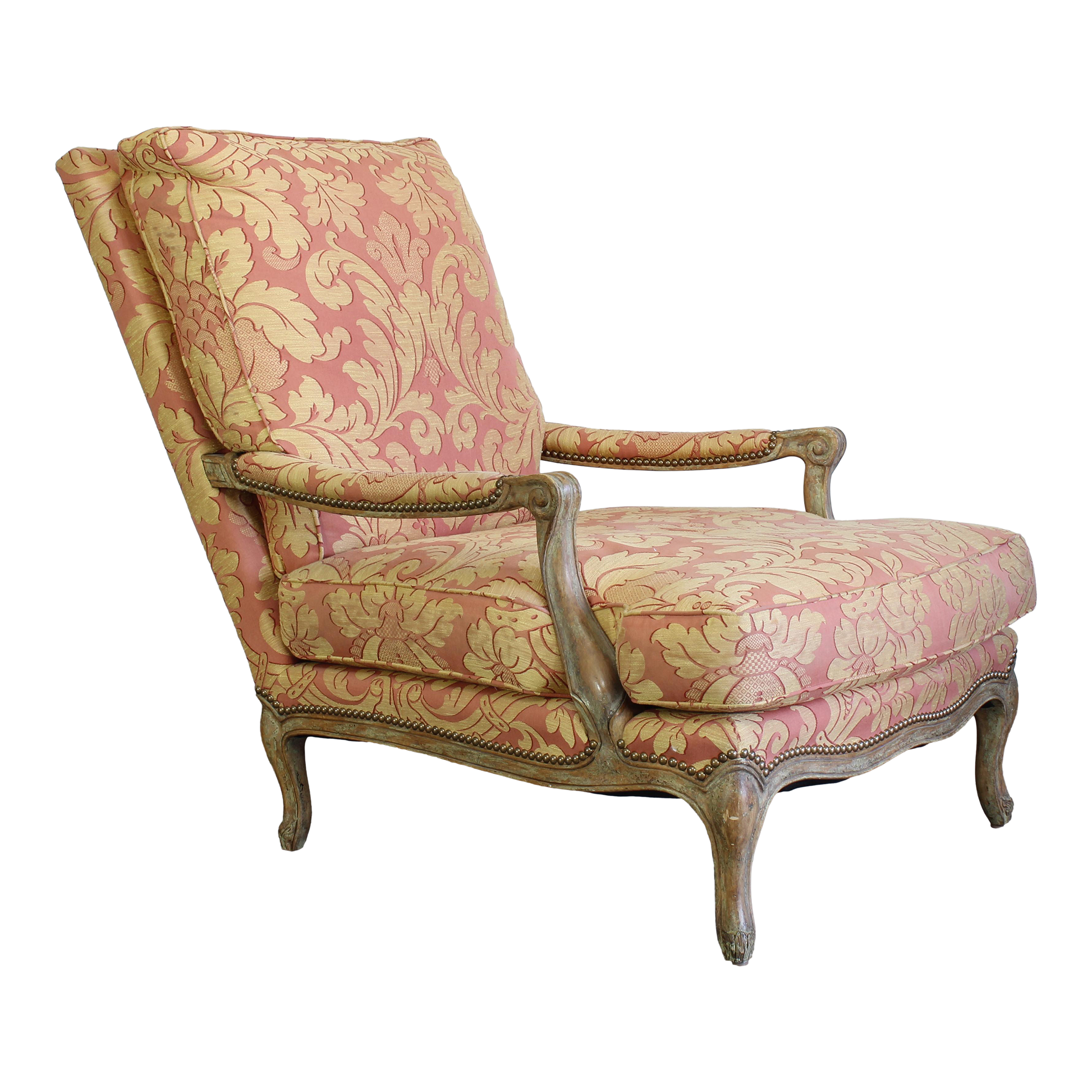 Louis XV style lounge chair upholstered in linen textile with foliage pattern.  The wood frame has a crackle finish.  Dimensions; 31" Width x 45" Depth x 37" Height x 17" Seat Height. 