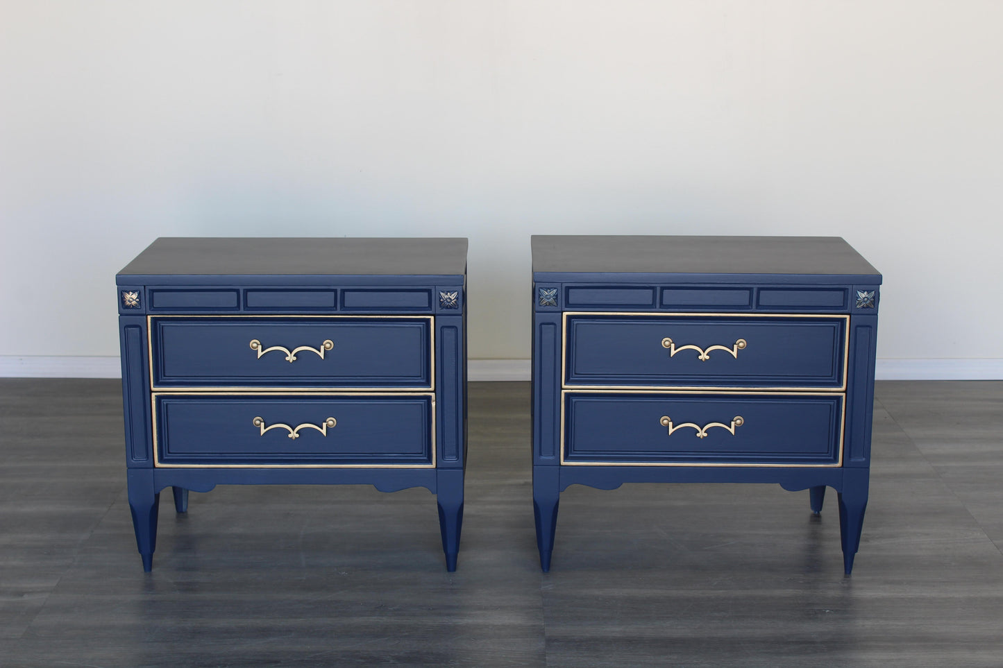 Mid Century Blue Walnut Nightstands of Two Drawers, a Pair