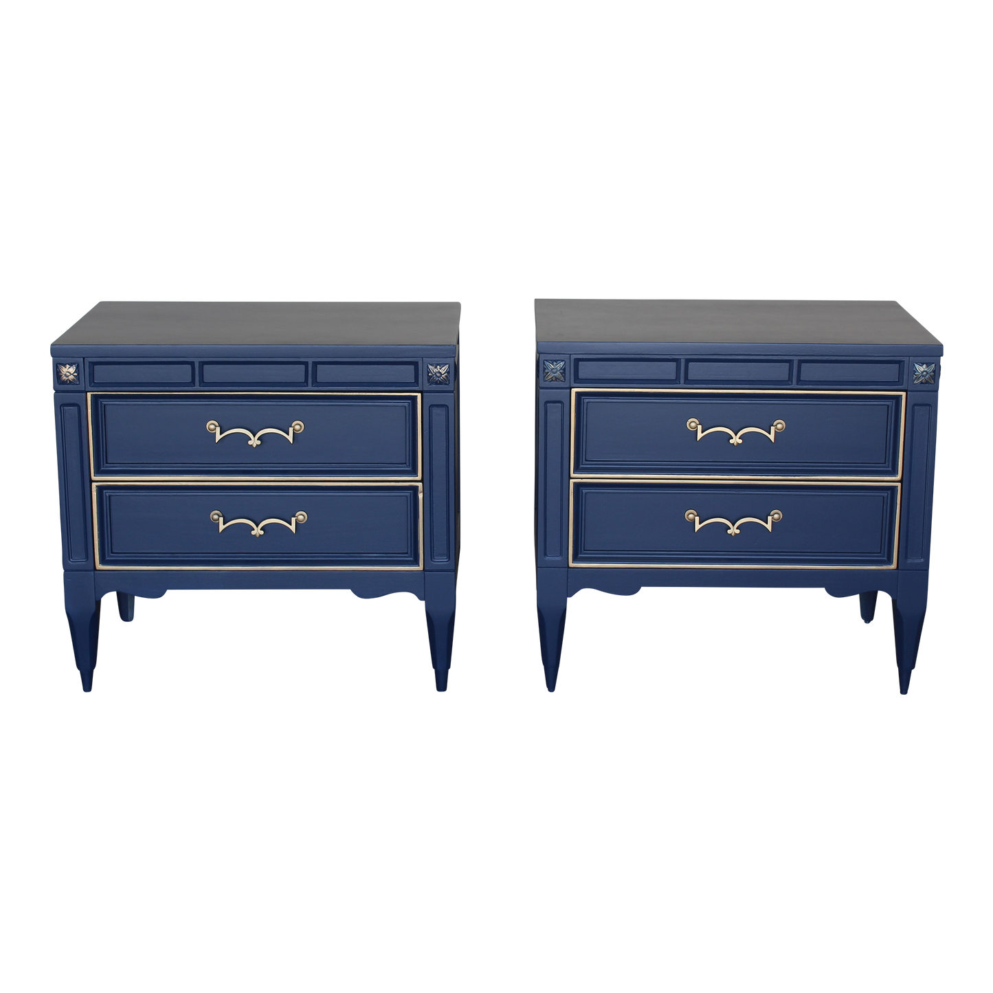 Mid Century Walnut nightstands.  The nightstands are solid built with dovetail joints, and are professionally refinished in blue  with a satin finish and gold painted accents.  Dimensions; 25"Width x 16"Depth x 23" Height. 