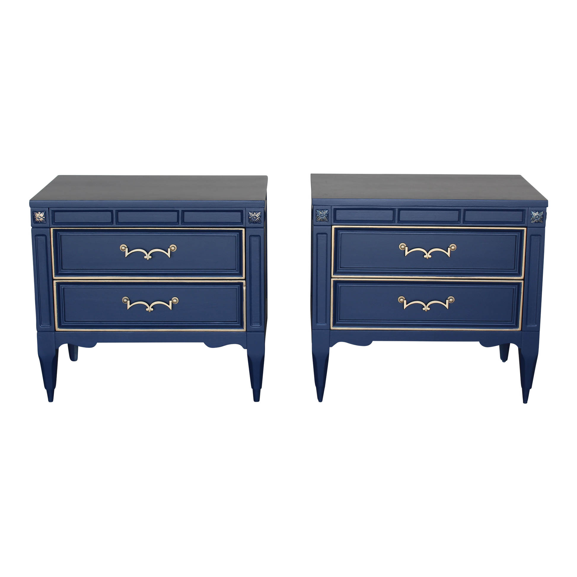 Mid Century Walnut nightstands.  The nightstands are solid built with dovetail joints, and are professionally refinished in blue  with a satin finish and gold painted accents.  Dimensions; 25"Width x 16"Depth x 23" Height. 