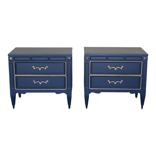 Mid Century Walnut nightstands.  The nightstands are solid built with dovetail joints, and are professionally refinished in blue  with a satin finish and gold painted accents.  Dimensions; 25"Width x 16"Depth x 23" Height. 