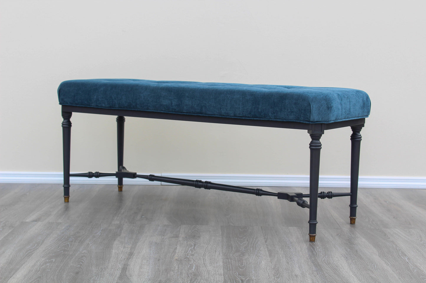 Mid-Century Blue Velvet Bench With Black Base