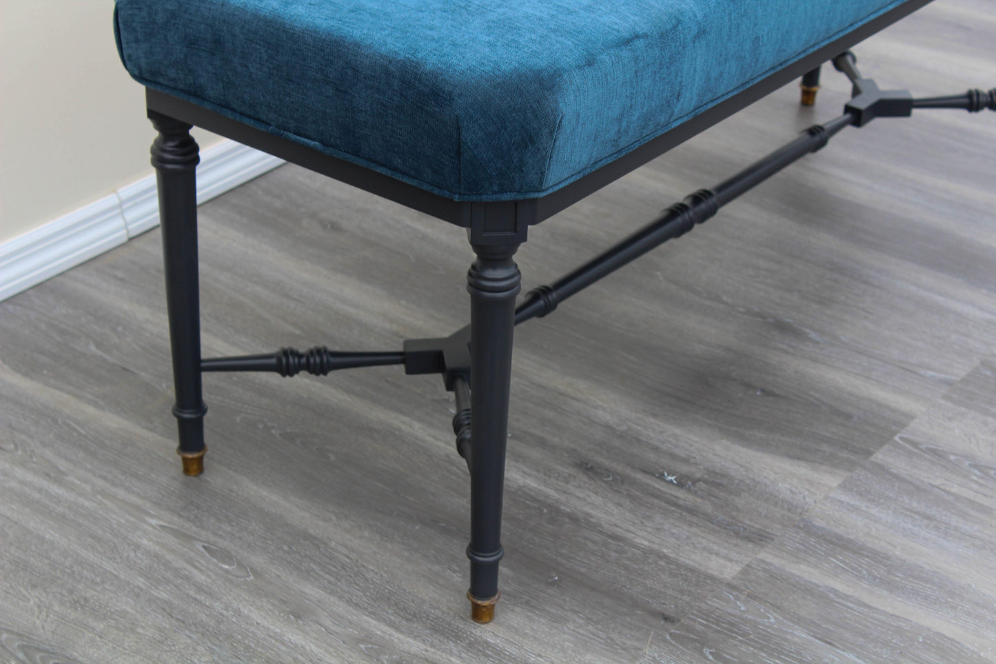 Mid-Century Blue Velvet Bench With Black Base