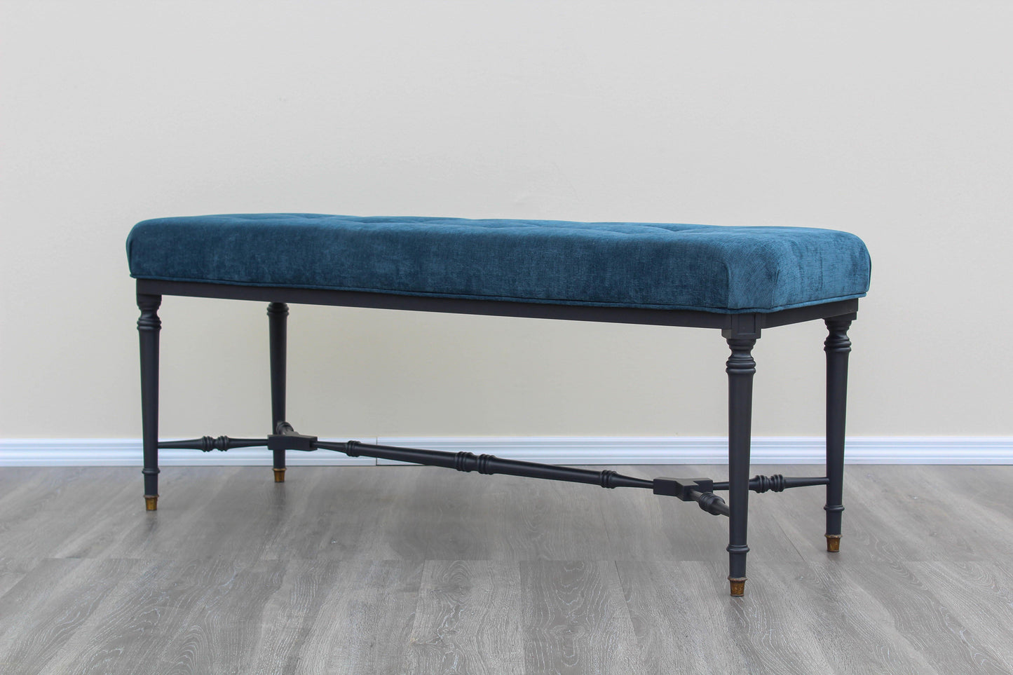 Mid-Century Blue Velvet Bench With Black Base