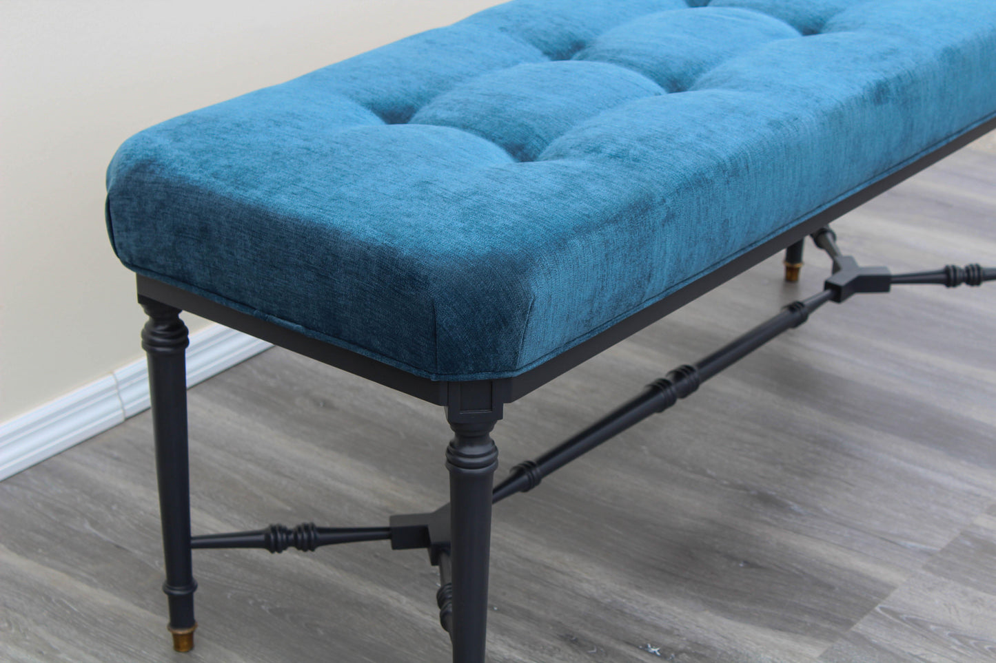 Mid-Century Blue Velvet Bench With Black Base