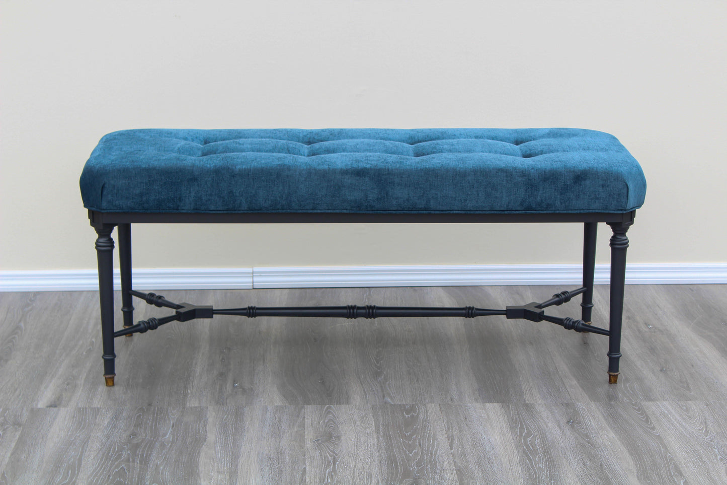 Mid-Century Blue Velvet Bench With Black Base