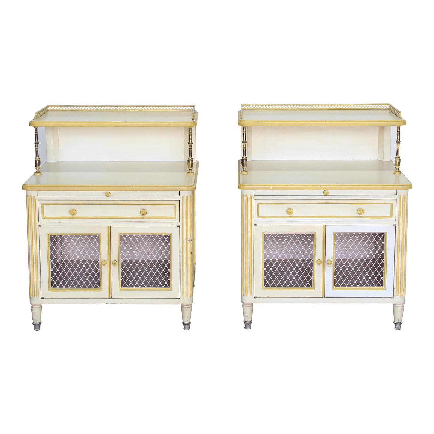 Pair of Late 20th century nightstands.  The nightstands are solid built with dovetail joints and brass accents, and a tray top, a pull out tray and a single drawer with storage space.  Dimensions; 24" Width x 21' Depth x 31" Height x 22" Height to middle top.