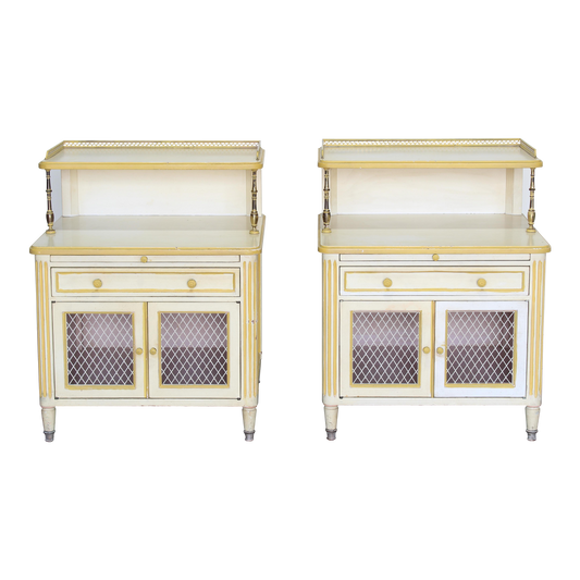 Pair of Late 20th century nightstands.  The nightstands are solid built with dovetail joints and brass accents, and a tray top, a pull out tray and a single drawer with storage space.  Dimensions; 24" Width x 21' Depth x 31" Height x 22" Height to middle top.