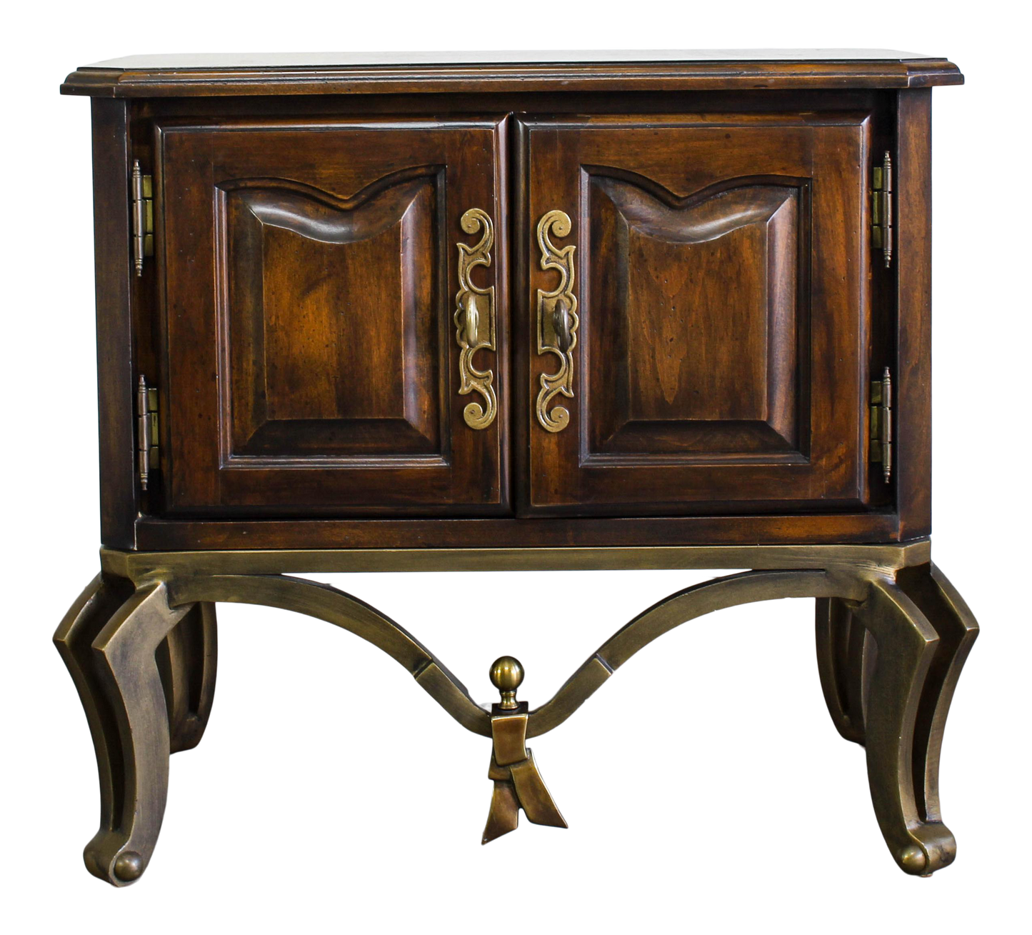 Vintage solid built double door nightstand with an interior single bin.  The nightstand is mounted on metal legs and has the original brass hardware.  Dimensions; 27.5" Width x 19" Depth x 25" Height. 