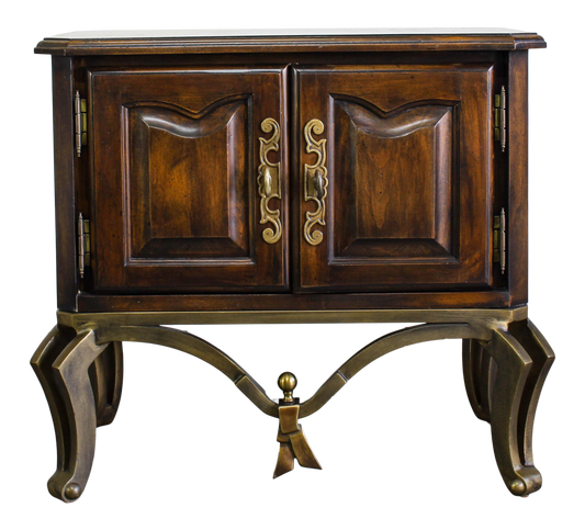 Vintage solid built double door nightstand with an interior single bin.  The nightstand is mounted on metal legs and has the original brass hardware.  Dimensions; 27.5" Width x 19" Depth x 25" Height. 