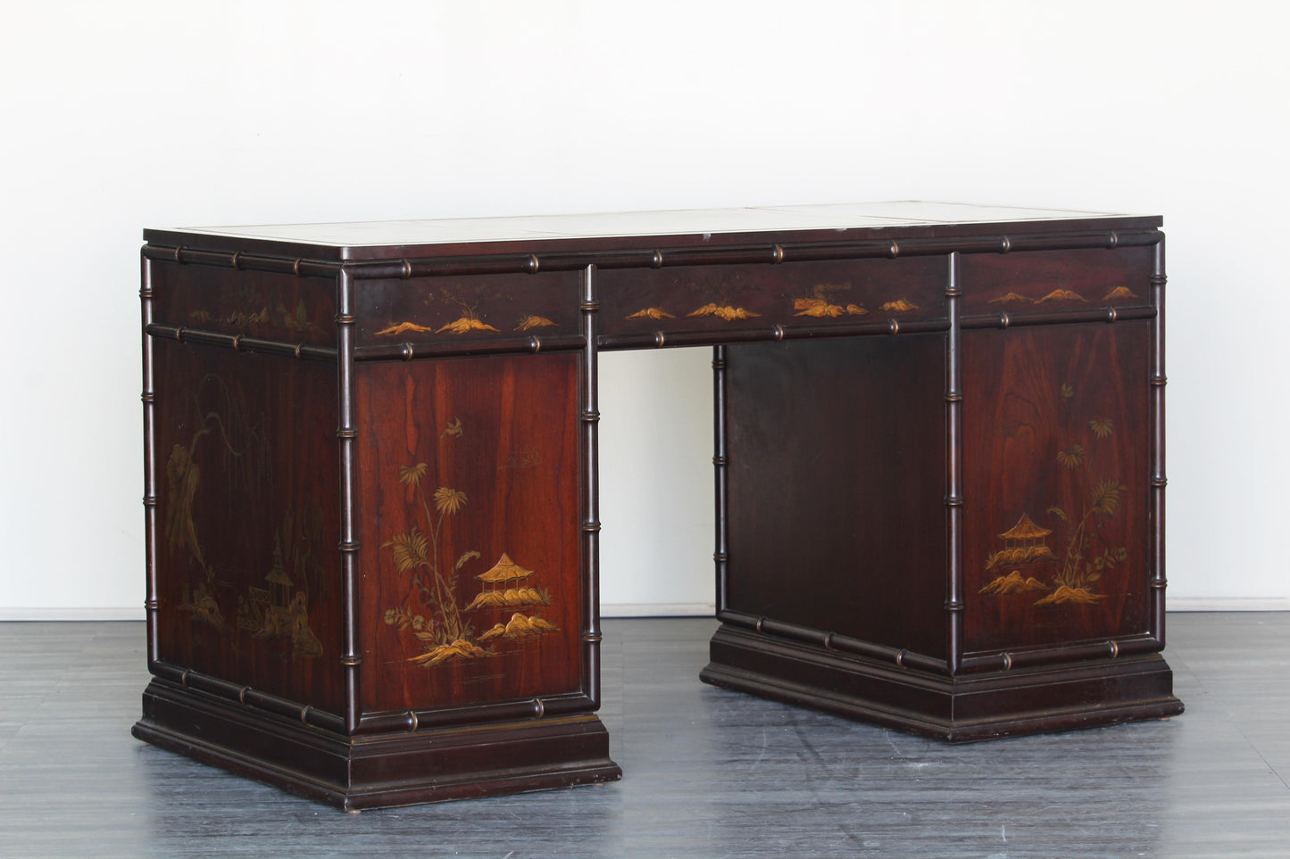 Mid Century Faux Bamboo Desk of Six Drawers