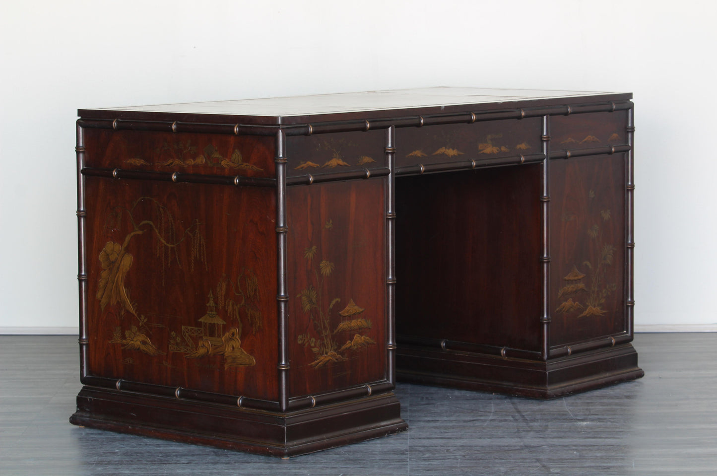 Mid Century Faux Bamboo Desk of Six Drawers