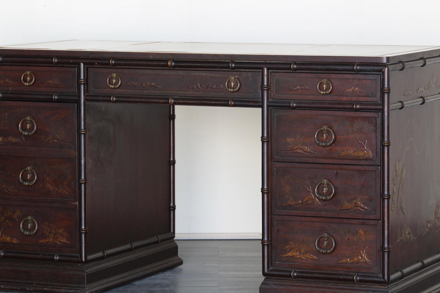 Mid Century Faux Bamboo Desk of Six Drawers