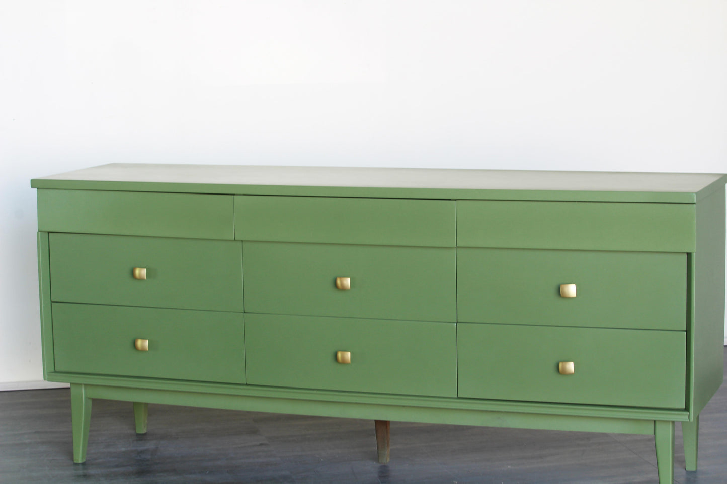 Mid Century Green Dresser of Nine Drawers