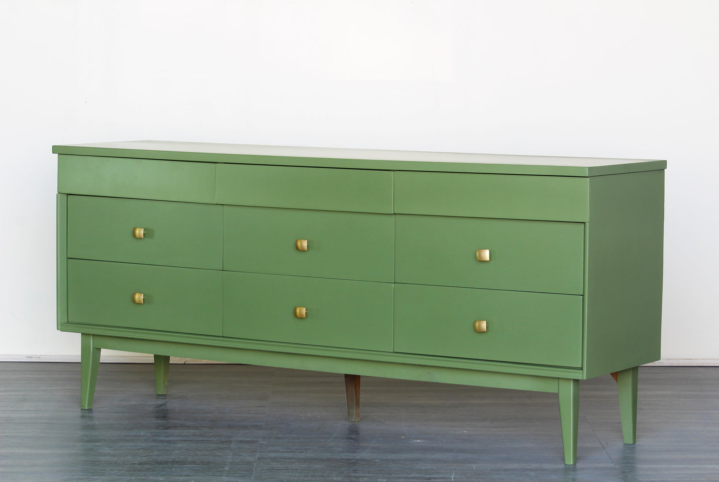 Mid Century Green Dresser of Nine Drawers