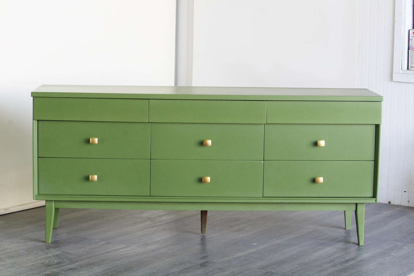 Mid Century Green Dresser of Nine Drawers