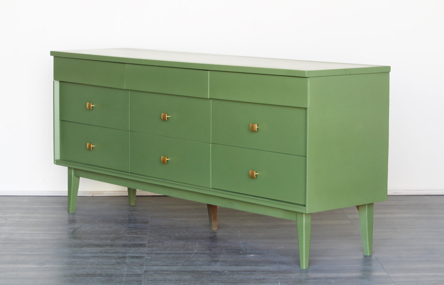 Mid Century Green Dresser of Nine Drawers