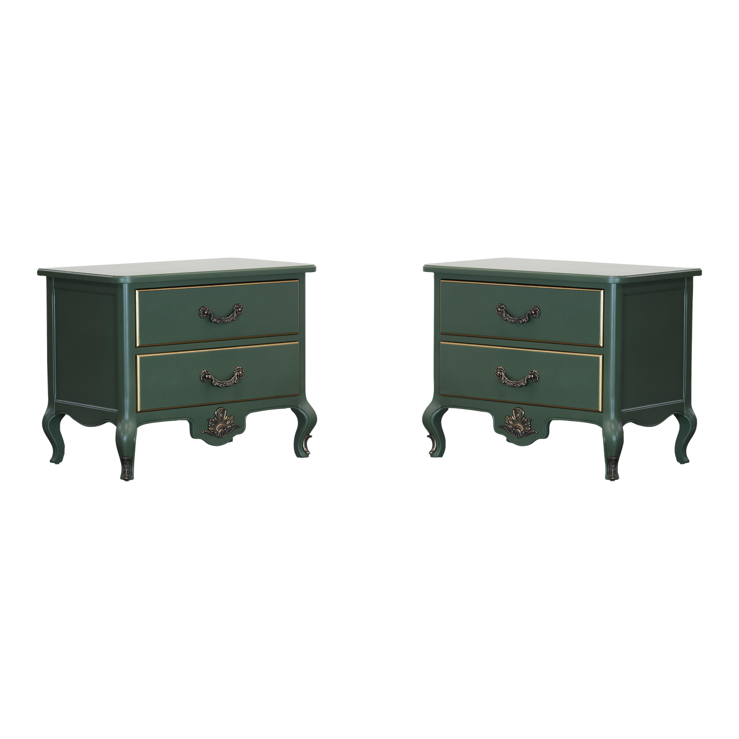 Pair of Mid century walnut nightstands.  The nightstands are professionally refinished in green with a satin finish and gold painted accents.  Dimensions: 30"Width x 18"Depth x 24"Height