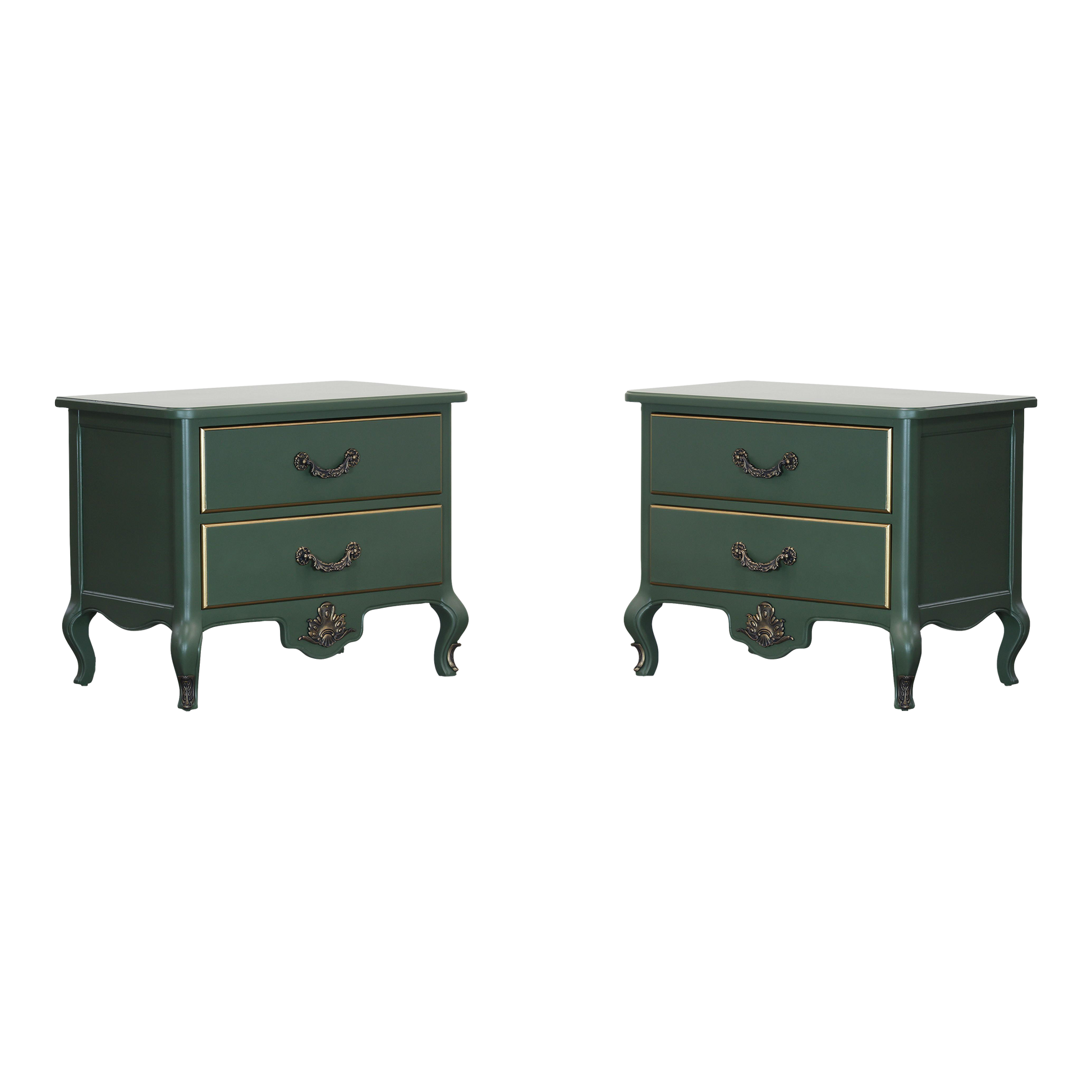 Pair of Mid century walnut nightstands.  The nightstands are professionally refinished in green with a satin finish and gold painted accents.  Dimensions: 30"Width x 18"Depth x 24"Height