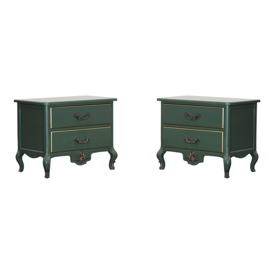 Pair of Mid century walnut nightstands.  The nightstands are professionally refinished in green with a satin finish and gold painted accents.  Dimensions: 30"Width x 18"Depth x 24"Height