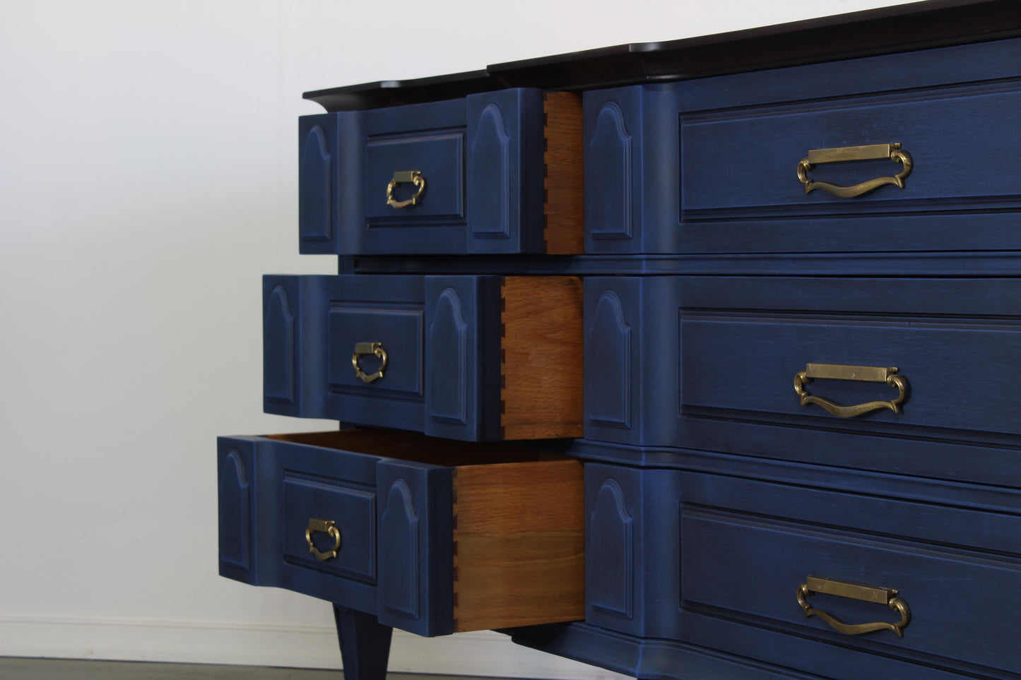 Mid Century Modern Nine Drawers Blue Dresser With Walnut Top