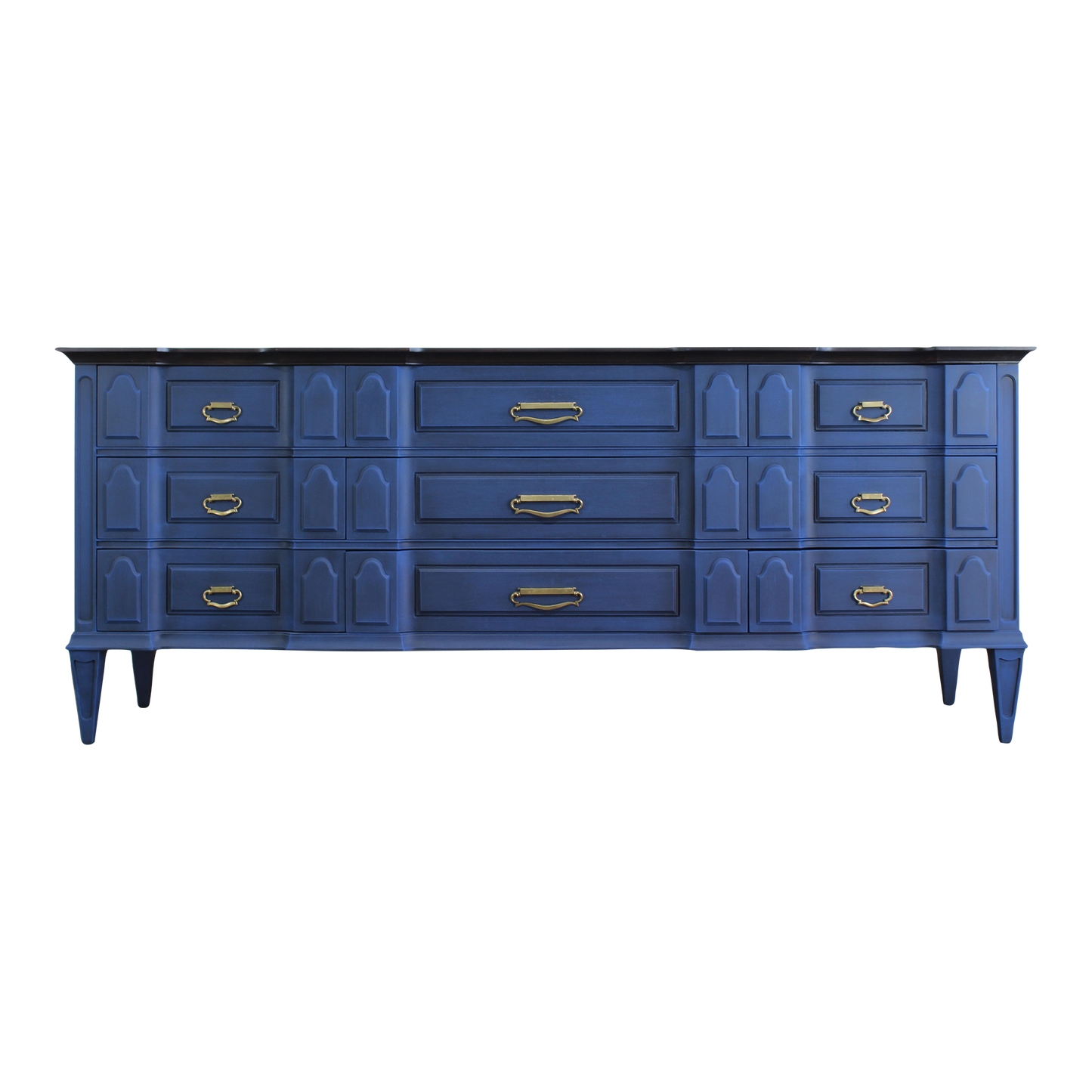 Mid Century Modern nine drawers blue dresser.  This is solid built walnut dresser with dovetail joints.  This dresser is nicely painted in blue with dark walnut stain walnut tops.   Dimensions; 78" Width x 20" Depth x 32" Height. 