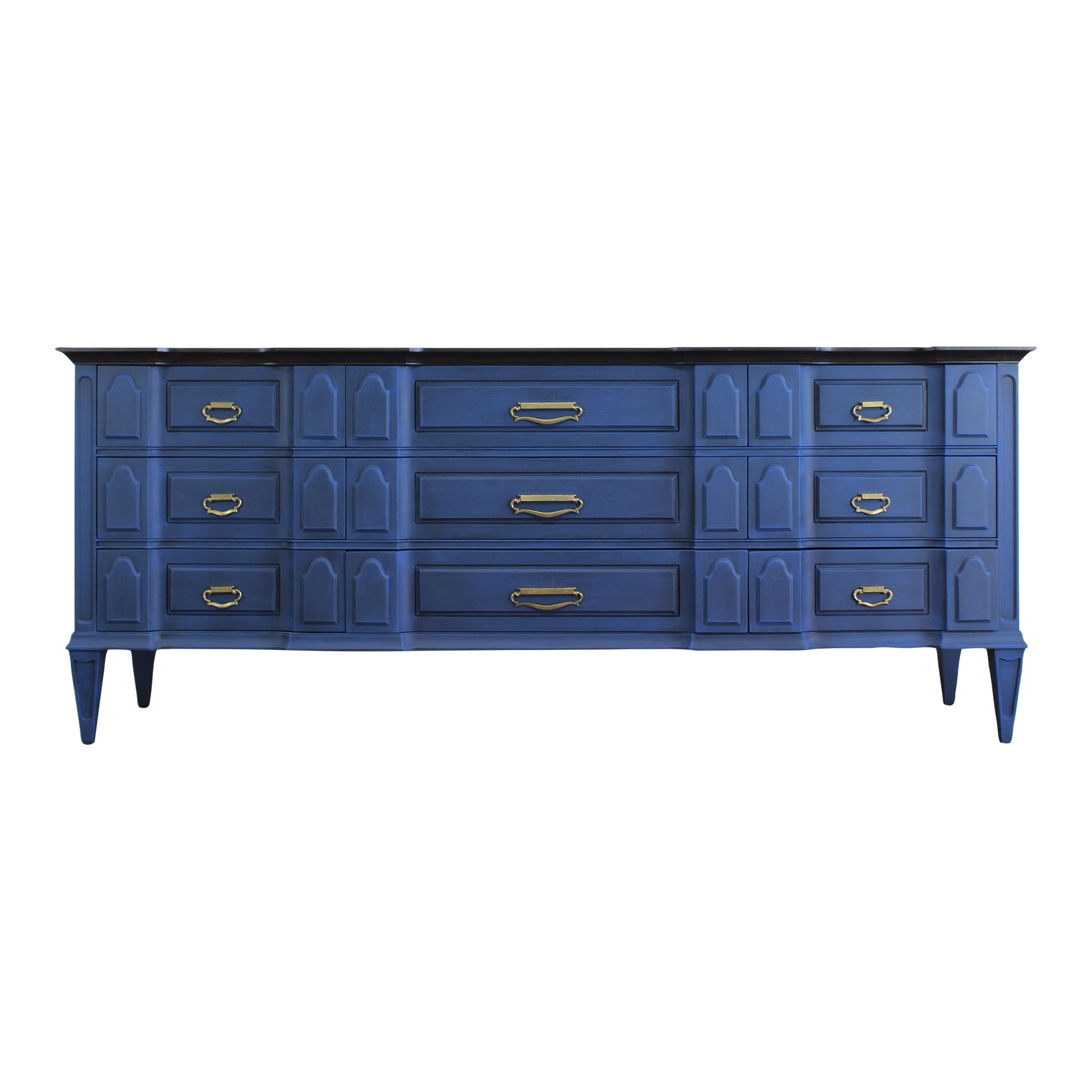 Mid Century Modern nine drawers blue dresser.  This is solid built walnut dresser with dovetail joints.  This dresser is nicely painted in blue with dark walnut stain walnut tops.   Dimensions; 78" Width x 20" Depth x 32" Height. 