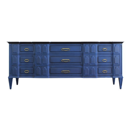 Mid Century Modern nine drawers blue dresser.  This is solid built walnut dresser with dovetail joints.  This dresser is nicely painted in blue with dark walnut stain walnut tops.   Dimensions; 78" Width x 20" Depth x 32" Height. 