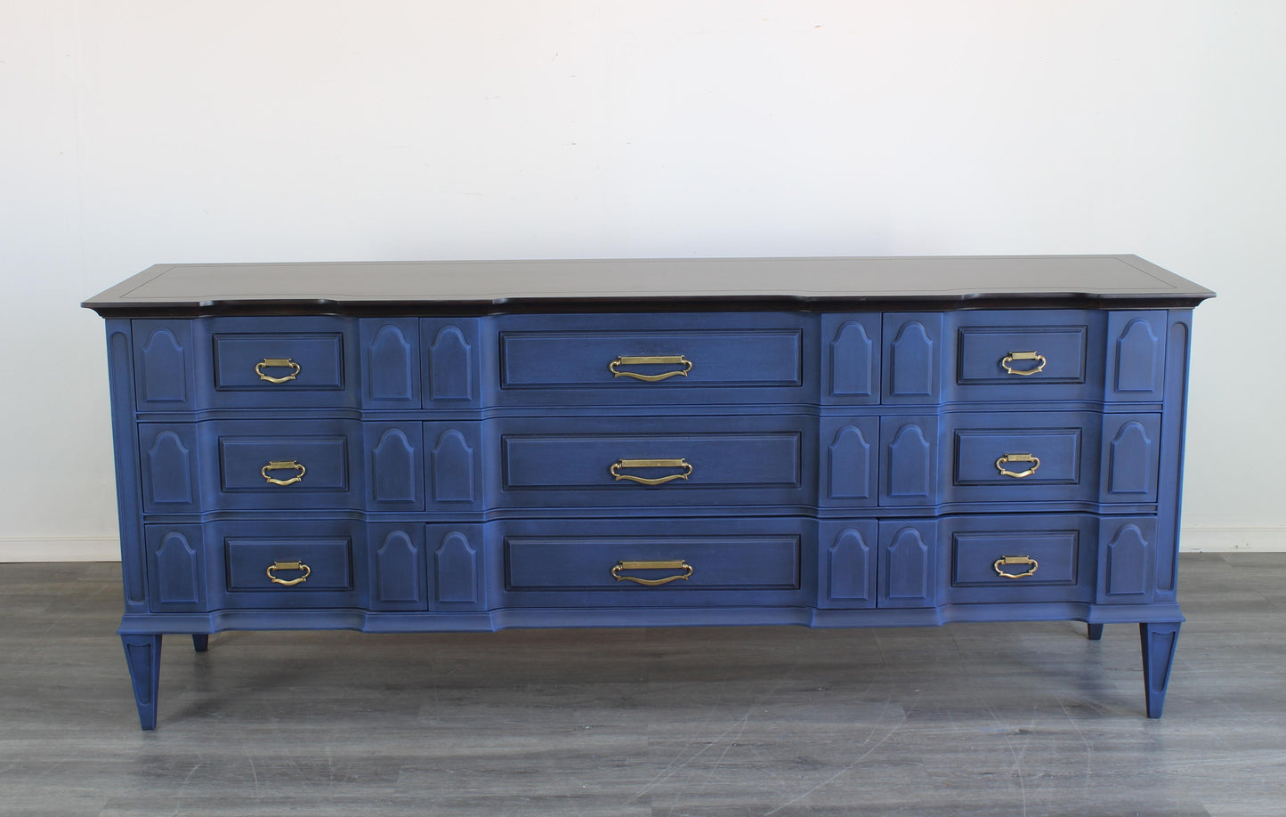 Mid Century Modern Nine Drawers Blue Dresser With Walnut Top