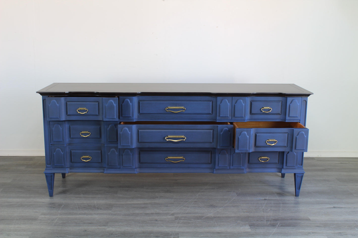 Mid Century Modern Nine Drawers Blue Dresser With Walnut Top