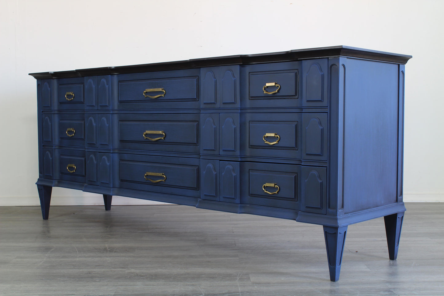 Mid Century Modern nine drawers blue dresser.  This is solid built walnut dresser with dovetail joints.  This dresser is nicely painted in blue with dark walnut stain walnut tops.   Dimensions; 78" Width x 20" Depth x 32" Height. 