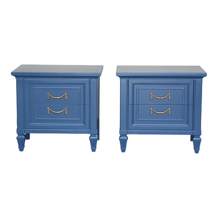 Pair of Mid century solid built nightstands of two drawers with dovetail  joints, are professionally refinished in blue with a satin finish.  Dimensions: 25"Width x 16"Depth x 24"Height. 