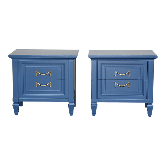 Pair of Mid century solid built nightstands of two drawers with dovetail  joints, are professionally refinished in blue with a satin finish.  Dimensions: 25"Width x 16"Depth x 24"Height. 