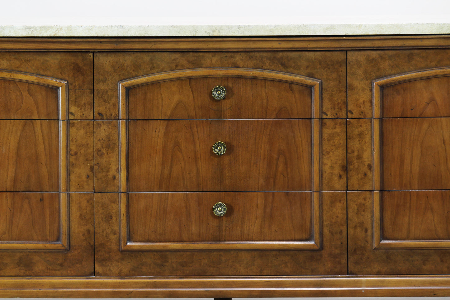 Mid Century Walnut Burlwood Dresser With Travertine Top