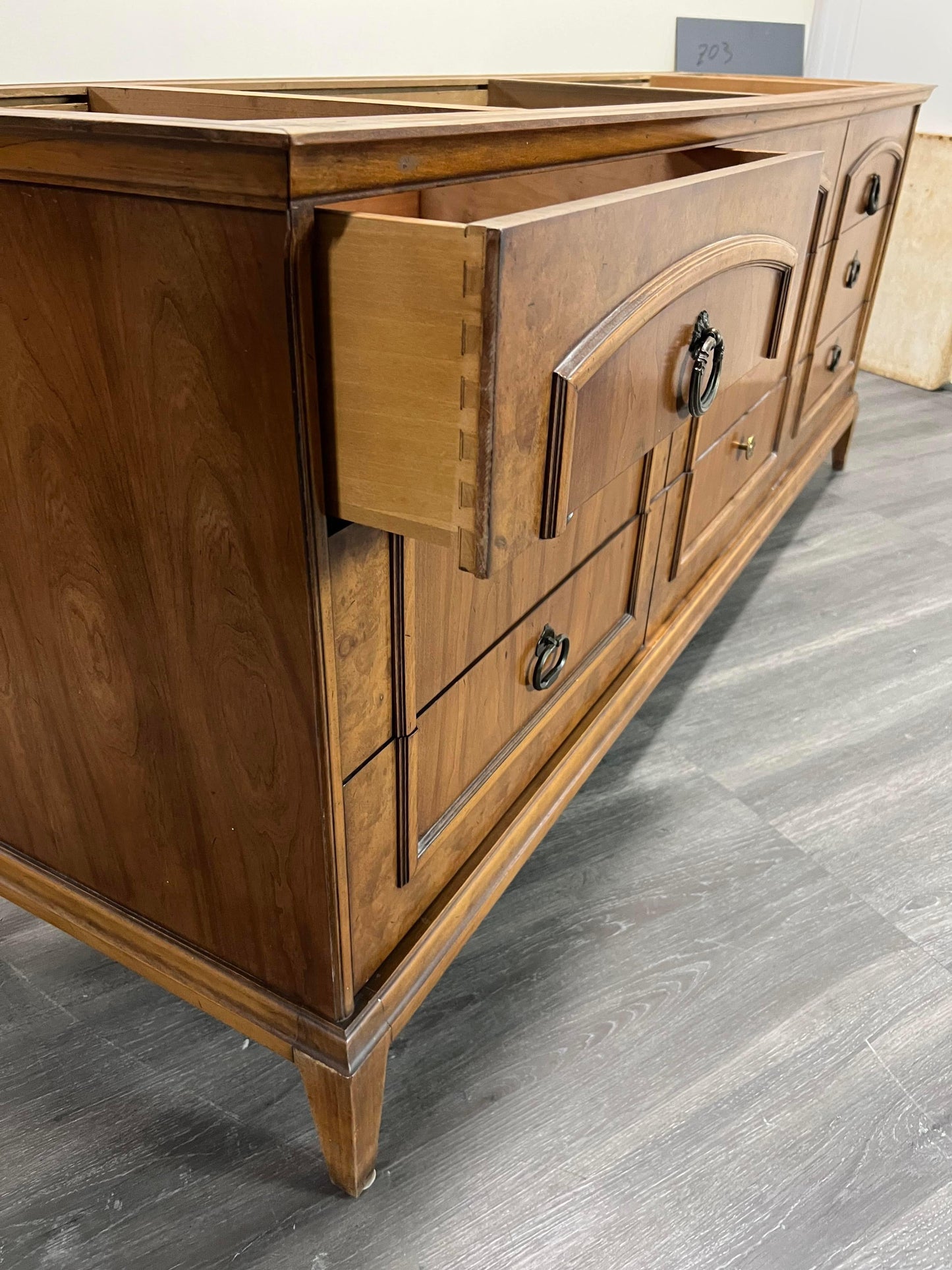 Mid Century Walnut Burlwood Dresser With Travertine Top