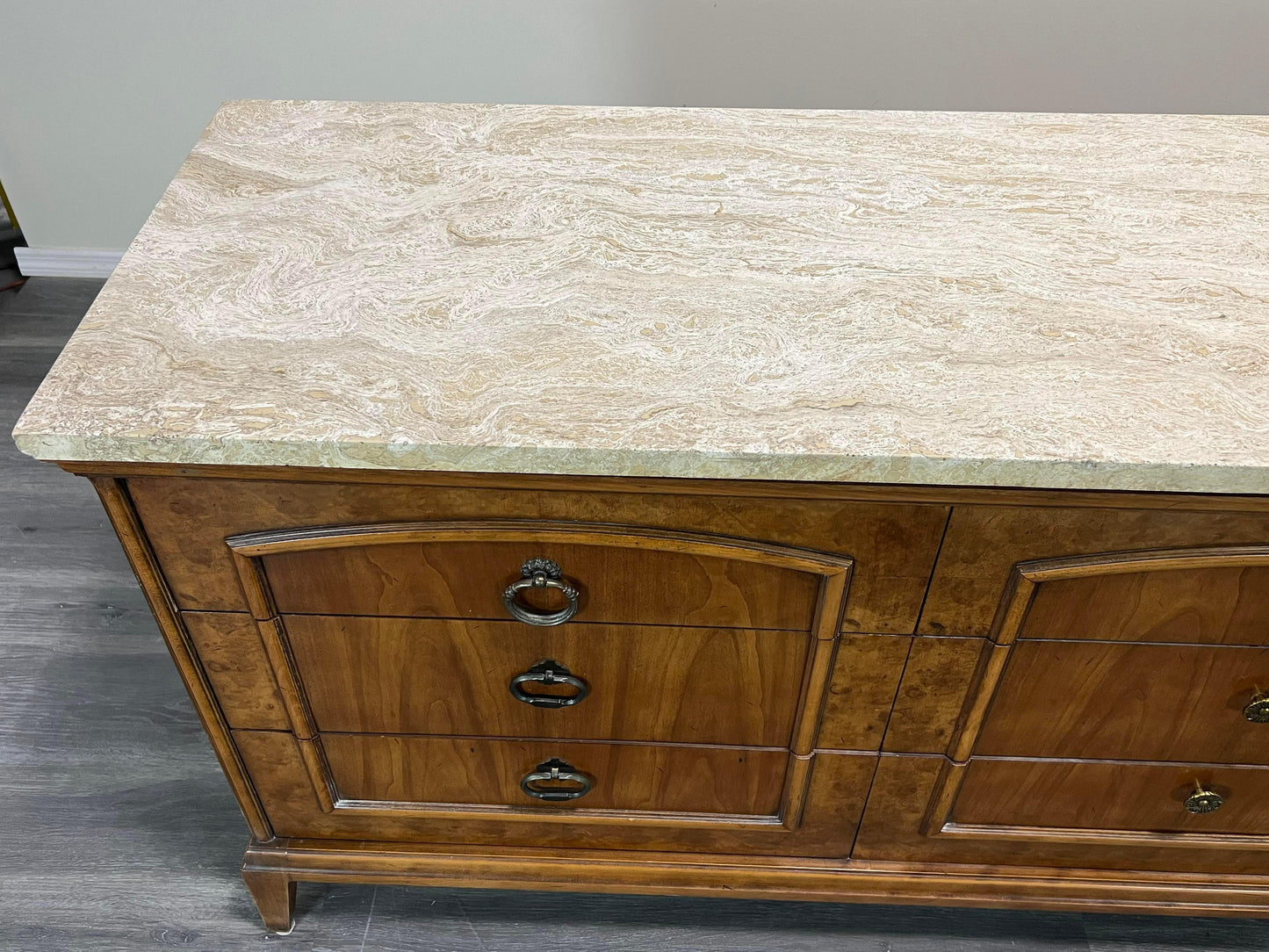 Mid Century Walnut Burlwood Dresser With Travertine Top