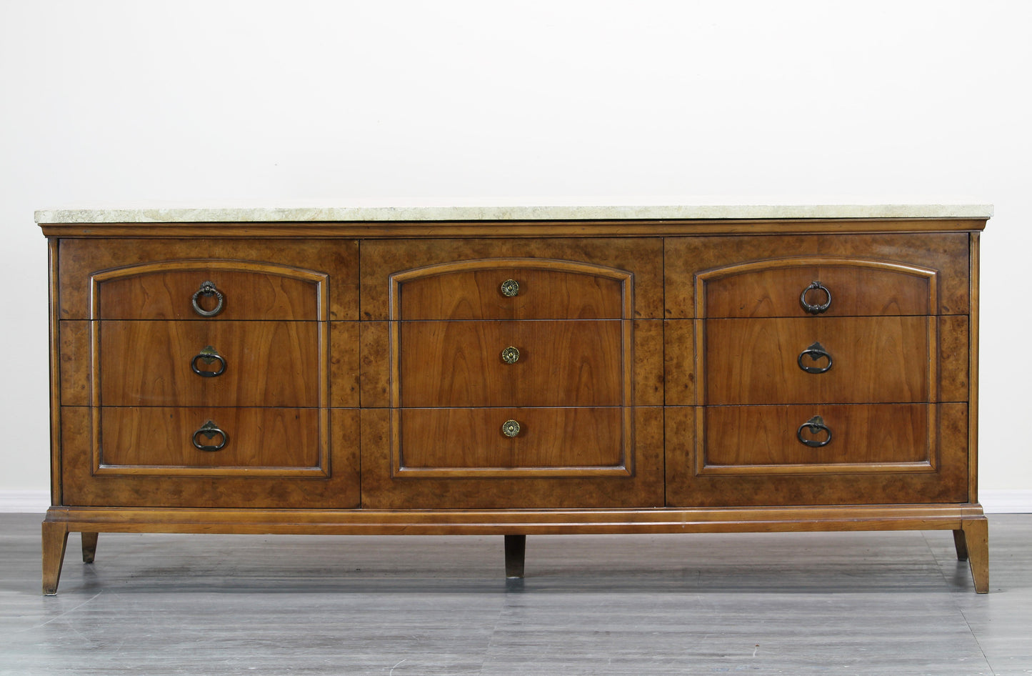 Mid Century Walnut Burlwood Dresser With Travertine Top