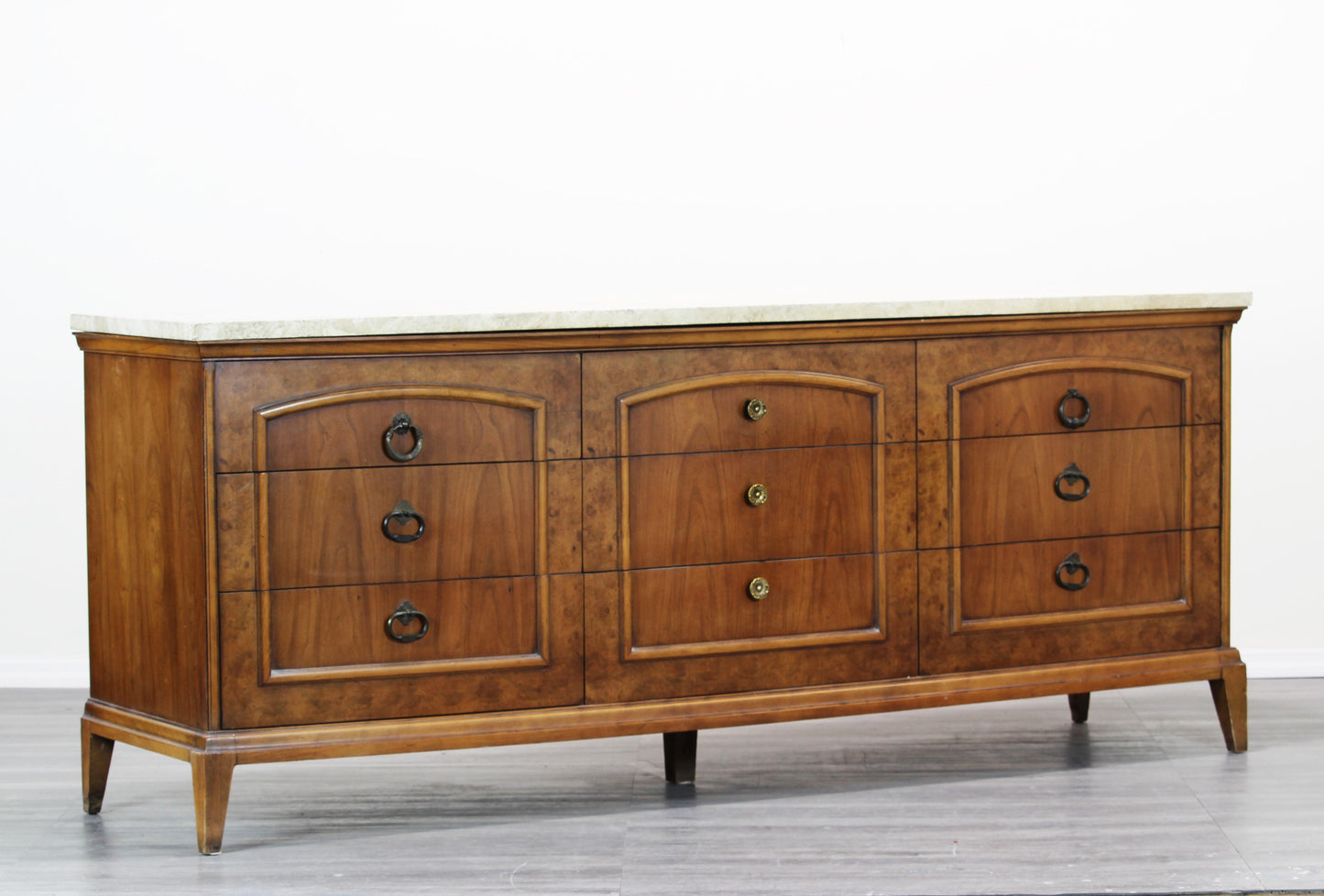 Mid Century Walnut Burlwood Dresser With Travertine Top