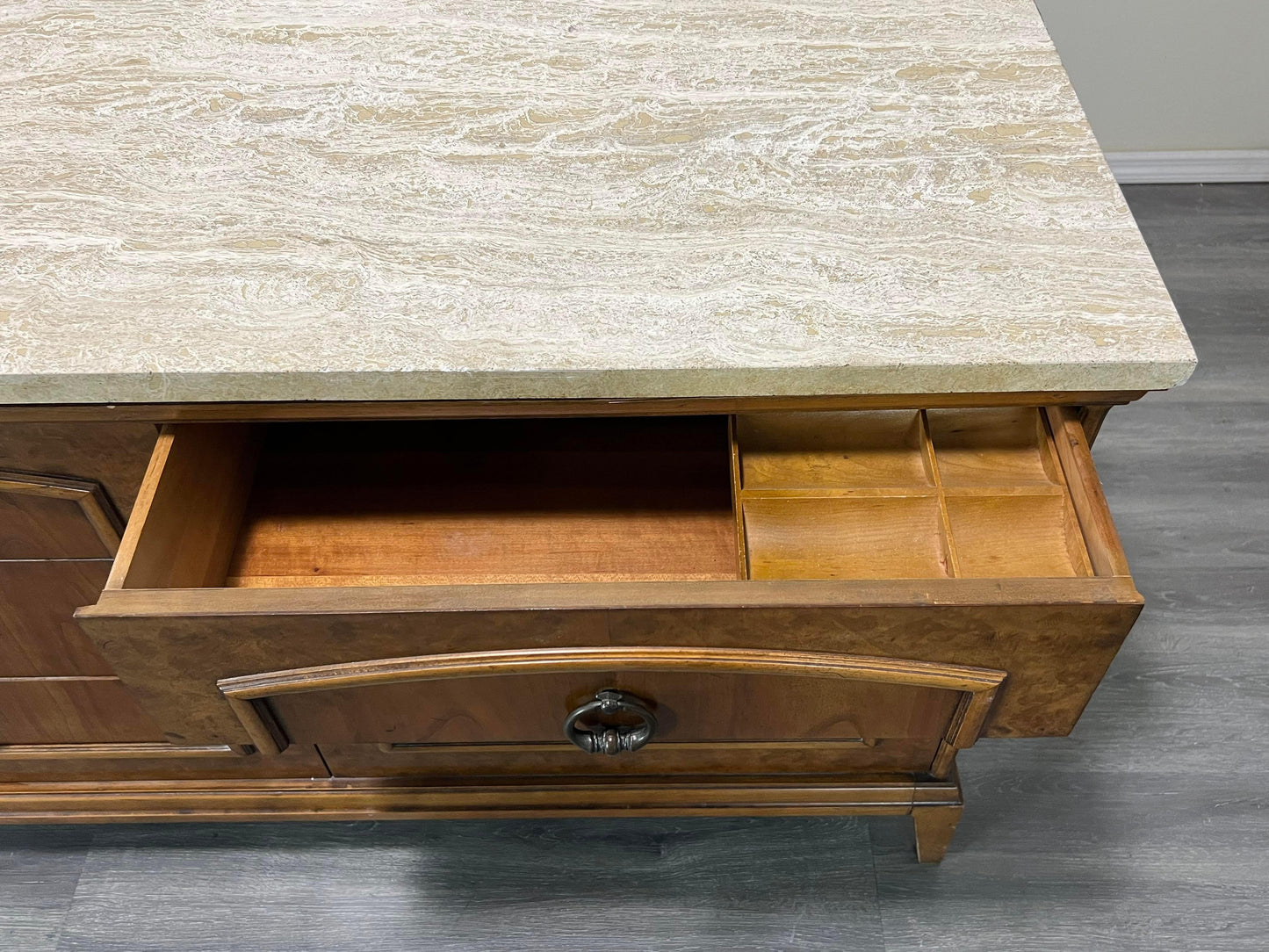 Mid Century Walnut Burlwood Dresser With Travertine Top