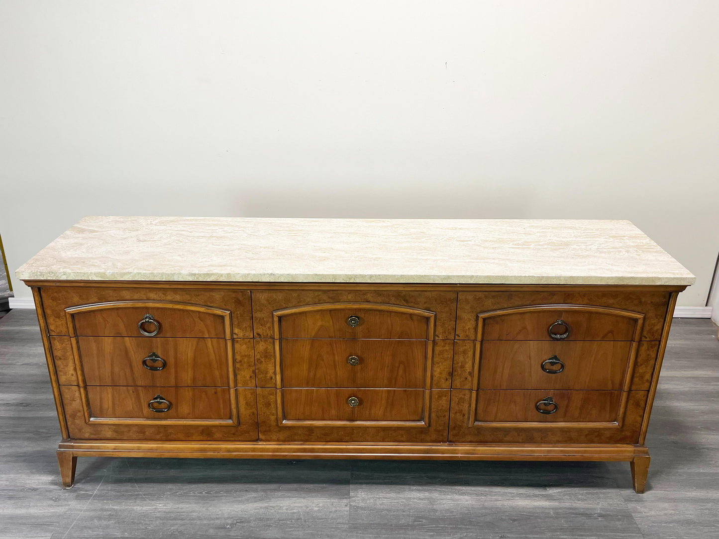 Mid Century Walnut Burlwood Dresser With Travertine Top