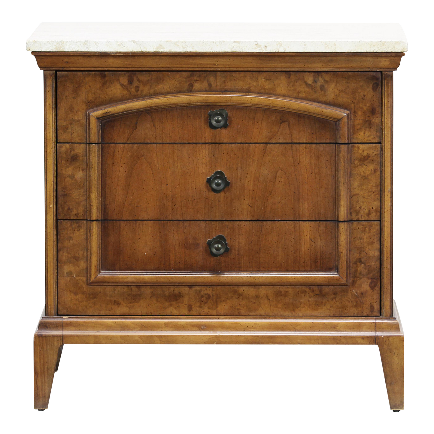 Mid Century walnut Burlwood nightstand with travertine top.  This three drawers nightstand is solid built with dovetail joints.  Dimensions:24" Width x 16"Depth x 24"Height. 