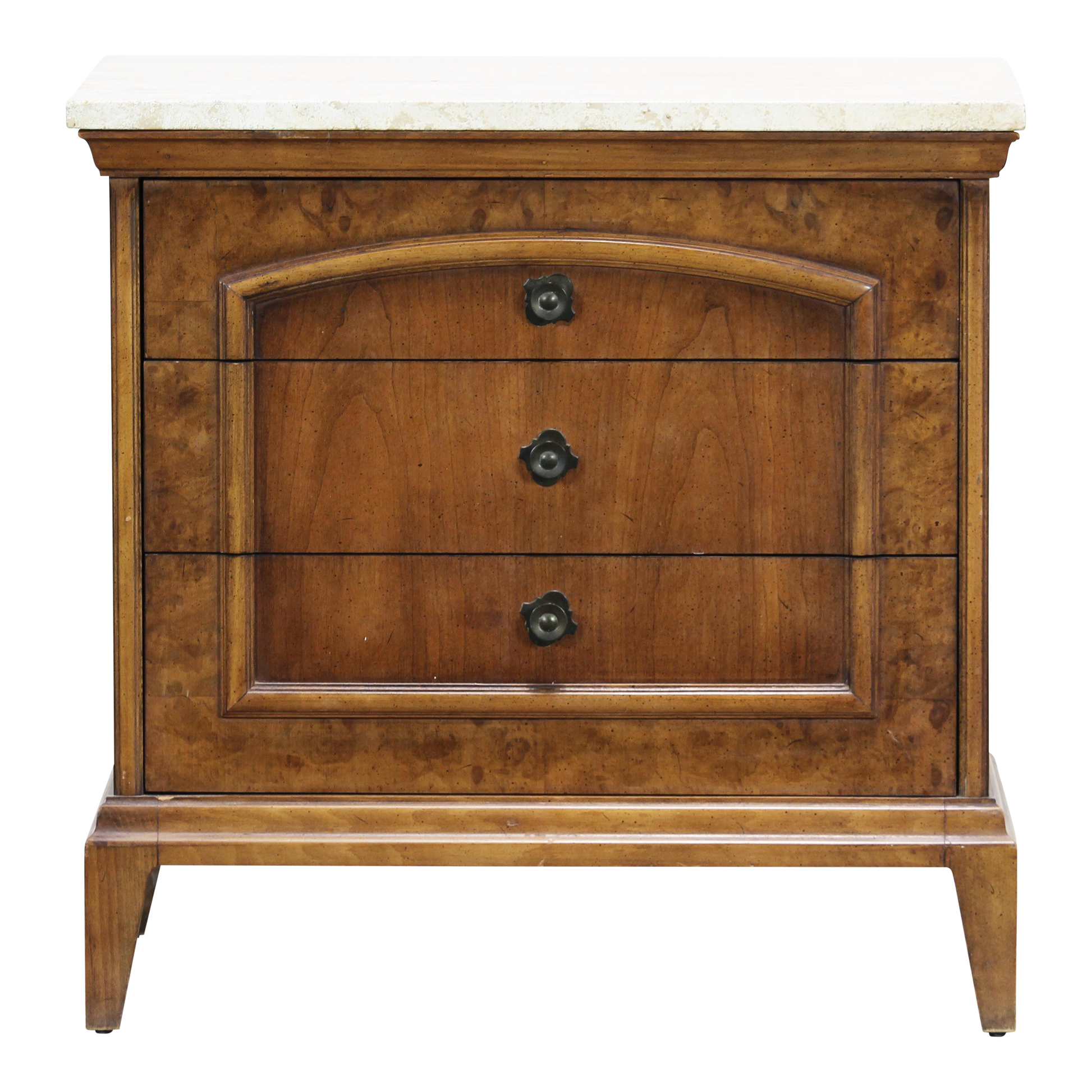 Mid Century walnut Burlwood nightstand with travertine top.  This three drawers nightstand is solid built with dovetail joints.  Dimensions:24" Width x 16"Depth x 24"Height. 