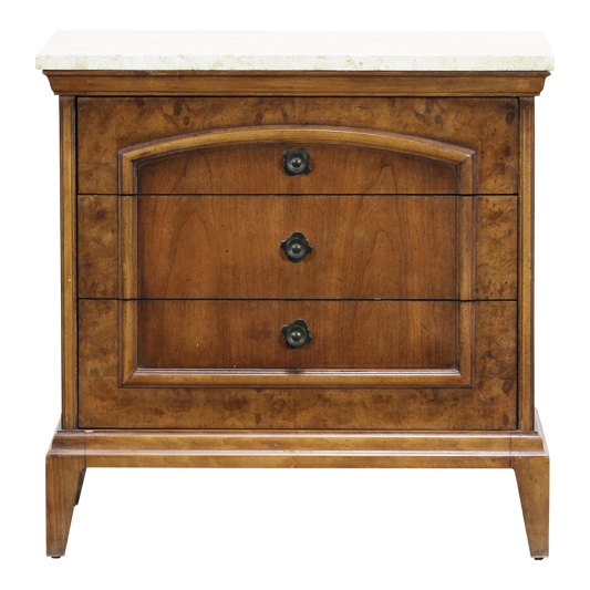 Mid Century walnut Burlwood nightstand with travertine top.  This three drawers nightstand is solid built with dovetail joints.  Dimensions:24" Width x 16"Depth x 24"Height. 