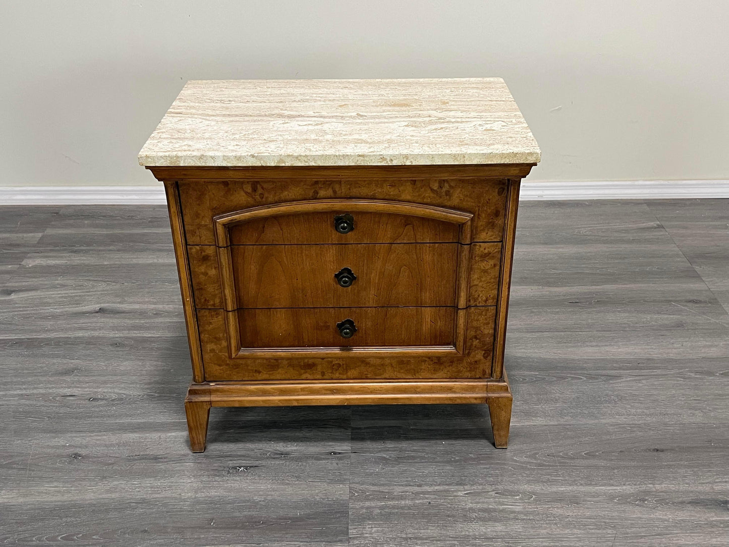 Mid Century Walnut Burlwood Nightstands with Travertine Top