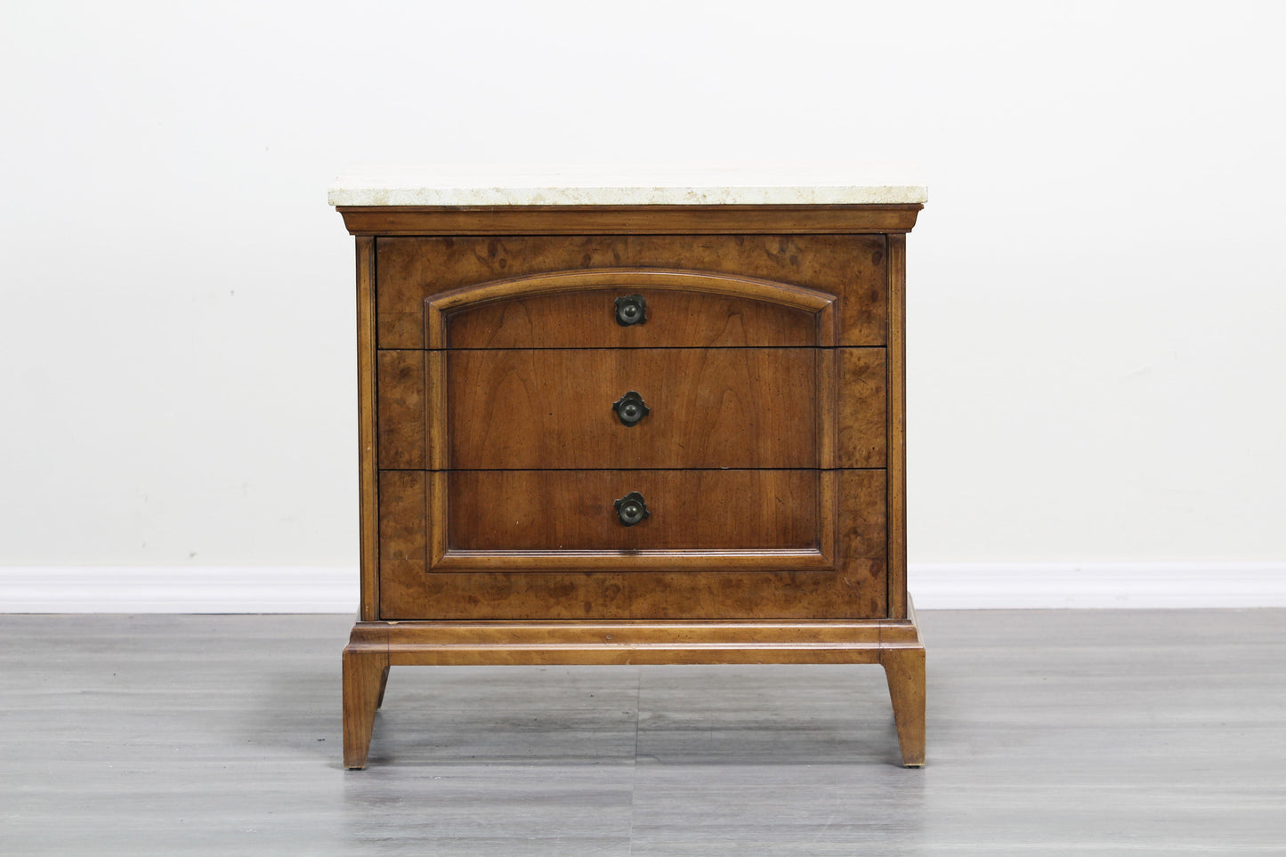 Mid Century Walnut Burlwood Nightstands with Travertine Top