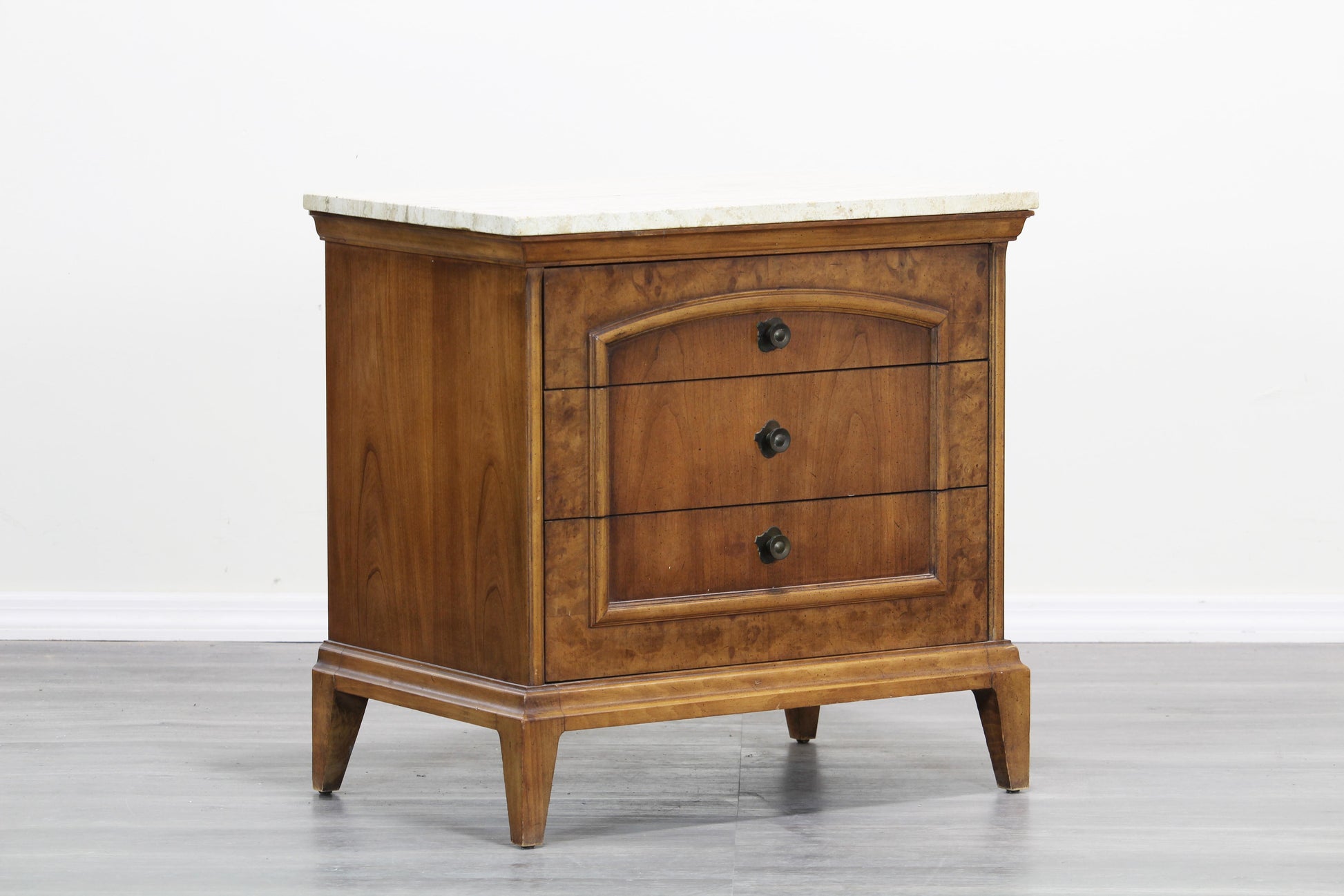 Mid Century walnut Burlwood nightstand with travertine top.  This three drawers nightstand is solid built with dovetail joints.  Dimensions:24" Width x 16"Depth x 24"Height. 