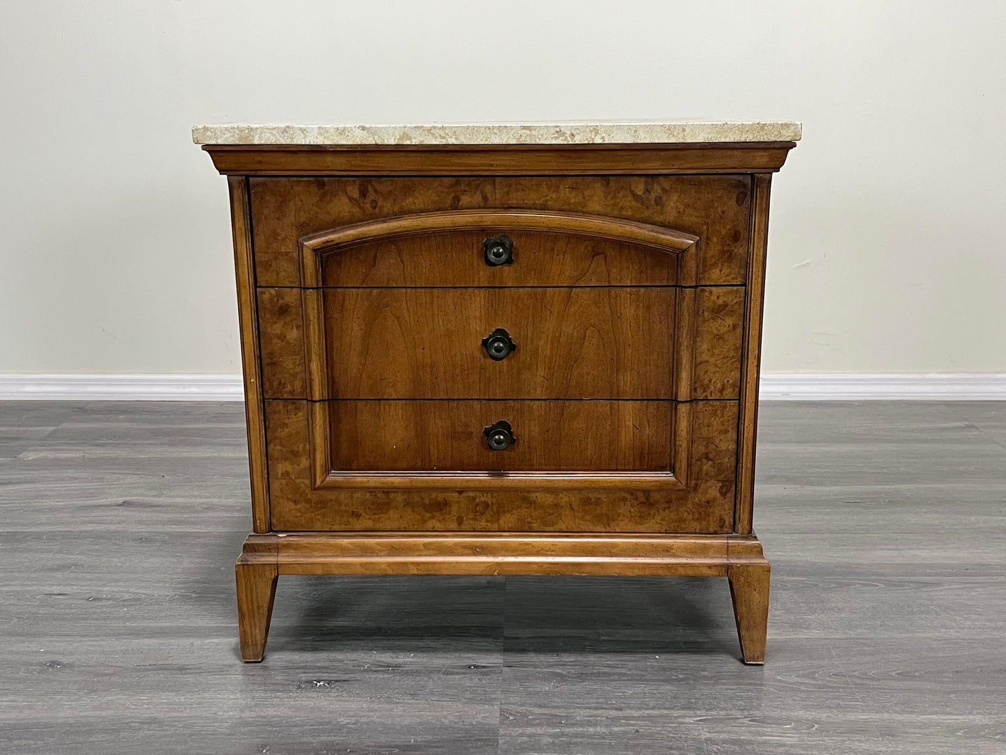 Mid Century walnut Burlwood nightstand with travertine top.  This three drawers nightstand is solid built with dovetail joints.  Dimensions:24" Width x 16"Depth x 24"Height. 